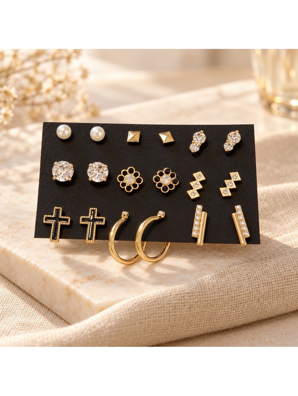 9 Pairs Gold-Tone Earrings Set – Studs, Hoops, Faux Pearls & Crosses